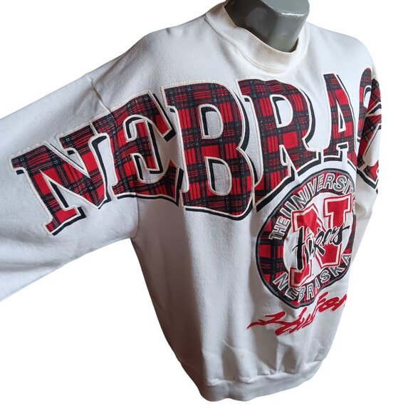 XL Vintage University Nebraska Huskers Sweatshirt AOP Plaid BIG RED Graphics - Picture 6 of 11